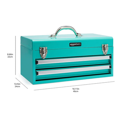 Amazon Basics Metal Tool Box with Drawers, Storage and Organization Tool Chest, Powder Coat Finish, 18.1 x 8.7 x 9.5 in, Turquoise