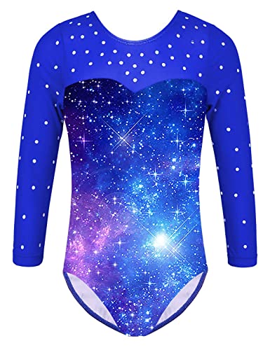 TFJH E Gymnastics Leotards for Girls Ballet Dancewear 3/4 Mesh Sleeve Practice Outfits 4t 5t Purple Galaxy 5A