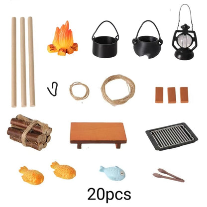 Miniature Camping Cooking Set – 1:12 Scale Dollhouse Outdoor Stove & Campfire Accessories for Micro Outdoor Scenes and Miniature Dioramas