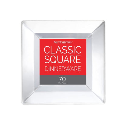 Party Essentials Party Supplies Disposable Classic Square Plastic Plates For Wedding/All Occasions, 8", 70-Count, Clear