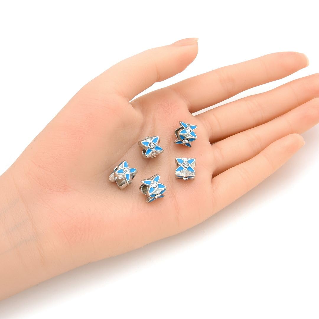 40pcs Sparkle Rhinestone Blue Enamel Flower Large Hole Loose Beads (4.5mm Hole) Antique Silver Metal Spacer for DIY Craft Jewelry Making MEC-E5