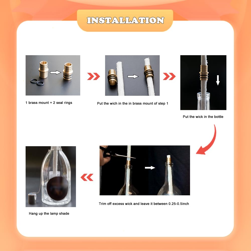 Wine Bottle Torch Kit 8 Pack, Includes 8 Long Life Torch Wicks, Lamp Cover & Brass Wick Mount(13.7 Inch,Bottle not Included)