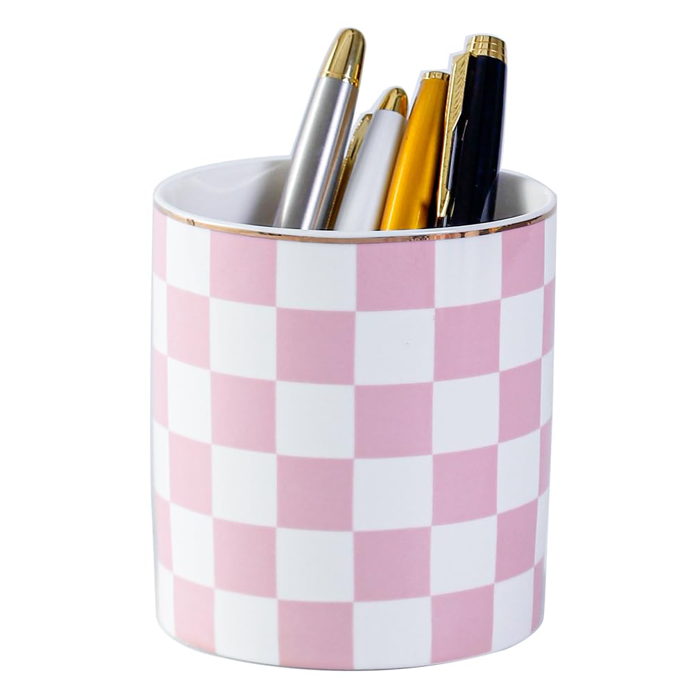 YOSCO Ceramic Checkered Pen Holder For Desk Cute Stand Gold Line Pencil Cup Pot Desk Organizer Makeup Brush Holder for Girls,Women (Pink-white)