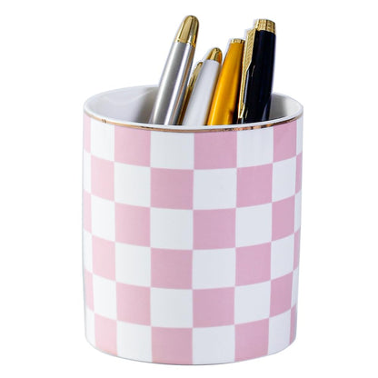YOSCO Ceramic Checkered Pen Holder For Desk Cute Stand Gold Line Pencil Cup Pot Desk Organizer Makeup Brush Holder for Girls,Women (Pink-white)