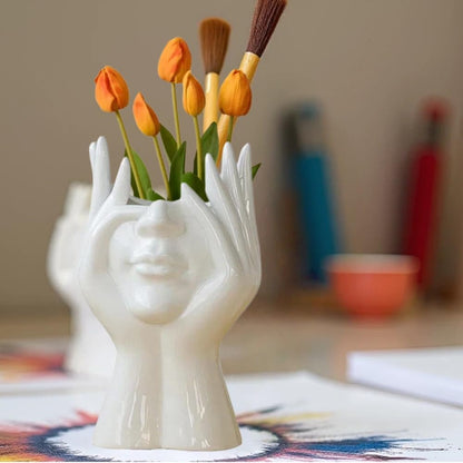 Babluble Paint Brush Holder,Ceramic Brush Organizer,Art Supply Organizer for desk,Small Flower Vase (White, Small)