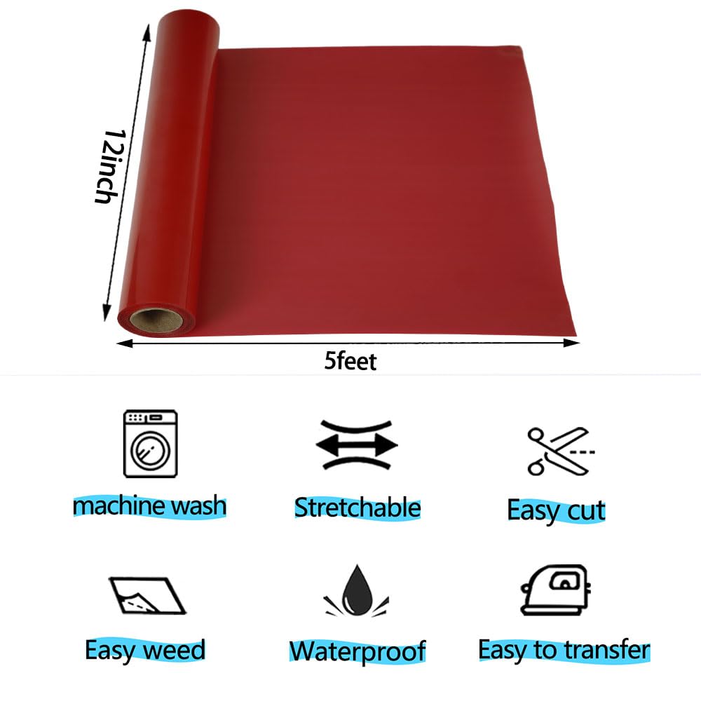 Puff Heat Transfer Vinyl, 12" x 5ft 3D Red Puff Iron on Vinyl for T-Shirt, Compatible with All Cutter Machines, Easy to Cut & Weed for Heat Vinyl Design