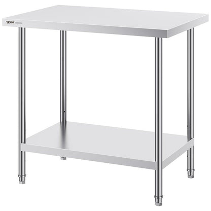 VEVOR Stainless Steel Prep Table, 24 x 36 x 34 Inch, 750 lbs Load Capacity, Heavy Duty Metal Worktable with 3 Adjustable Height Levels, Commercial Workstation for Kitchen Garage Restaurant Backyard