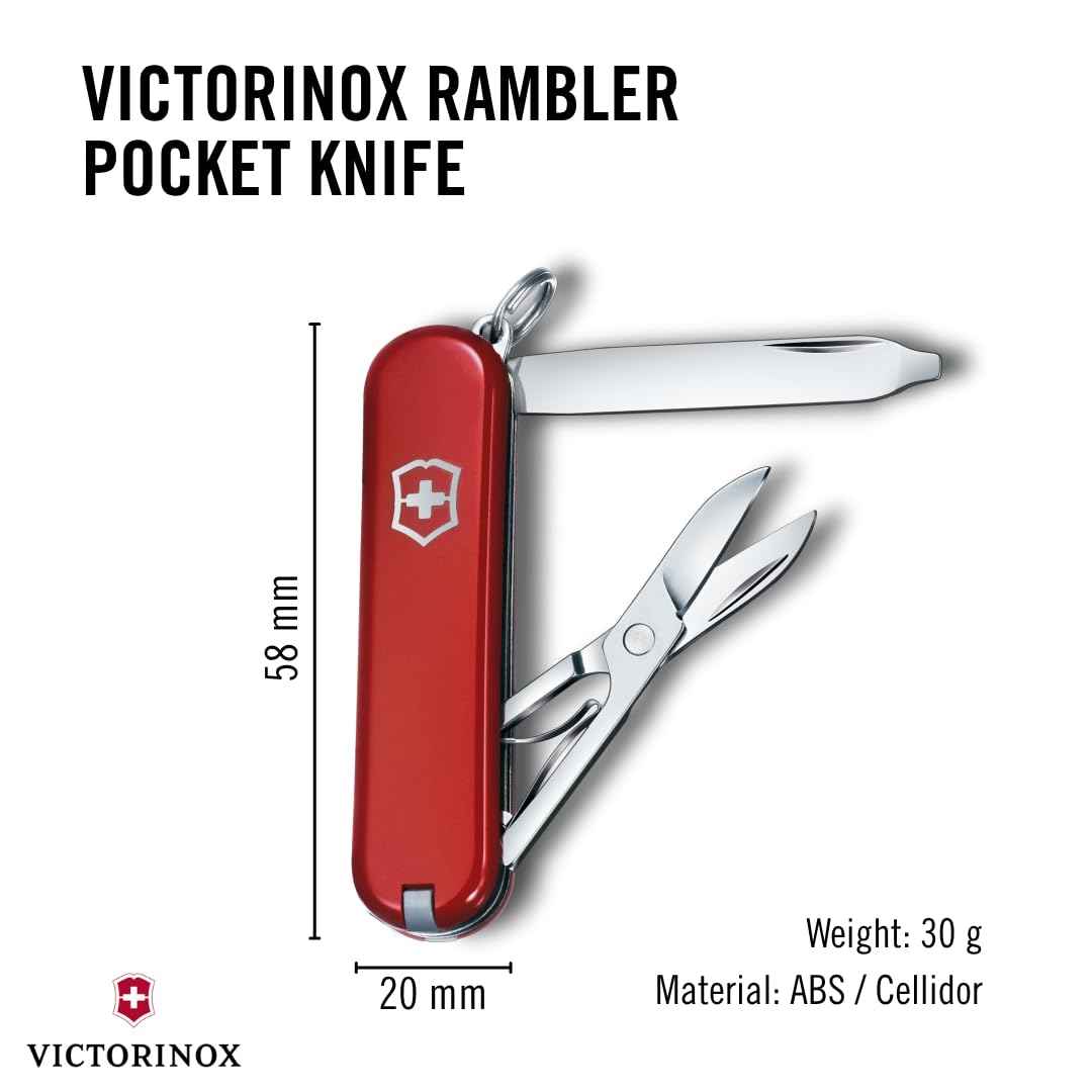 Victorinox Rambler Swiss Army Knife, Compact, 10 Functions, Swiss Made Pocket Knife with Magnetic Phillips Screwdriver, Scissors and Tweezers - Red