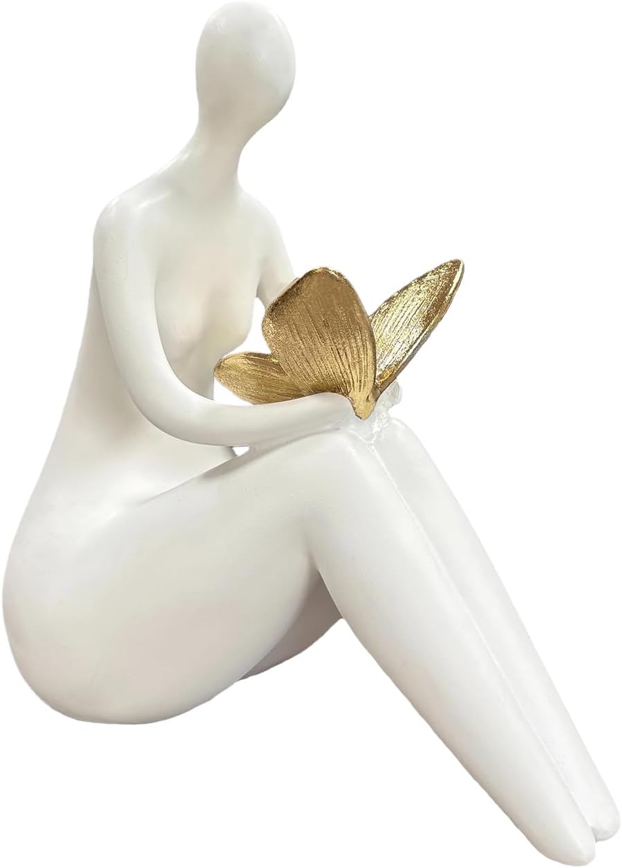 Lescafita White Abstract Sitting Figurine with Gold Butterfly Modern Shelf Sitter Sculpture for Home Decor, Minimalist