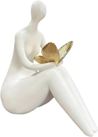Lescafita White Abstract Sitting Figurine with Gold Butterfly Modern Shelf Sitter Sculpture for Home Decor, Minimalist