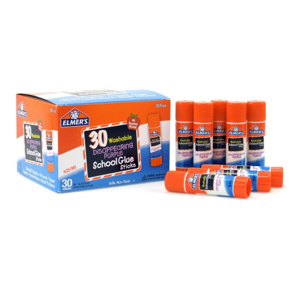 Elmer’s Disappearing Purple School Glue Sticks, Washable, 7g, 30 Count - Bulk Pack for Classrooms, 1 Teacher Brand