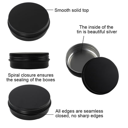 Moretoes 36 Pack Tins, 2 Oz Lip Balm Containers, Black Metal Round Tins Aluminum Cans, Empty Tin with Screw Lids for Salve, Spices or Candies