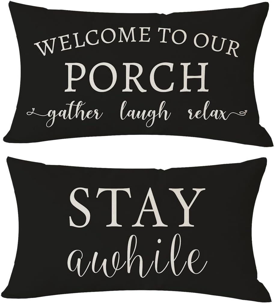 12x20 Inch Set 2 Cozy PANDICORN Welcome to Our Porch Stay Awhile Farmhouse Black and White Outdoor Lumbar Decorative