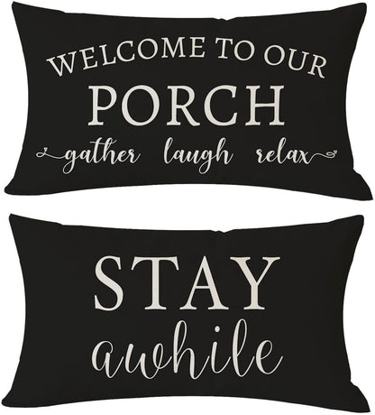 12x20 Inch Set 2 Cozy PANDICORN Welcome to Our Porch Stay Awhile Farmhouse Black and White Outdoor Lumbar Decorative