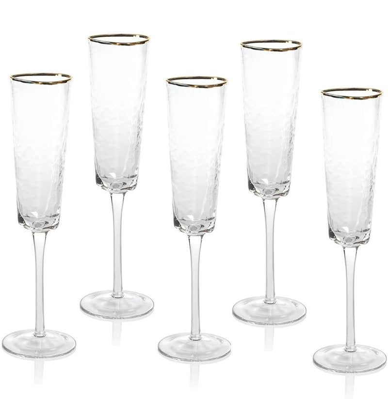A CIVILIZED MAN Amalfi Hammered Triangular Glassware or Stemware with Gold Rims - Elegant Crystal Cocktail Glassware for Parties, Gifts & Home Bar - Sets of 4 (Champagne - S/4)