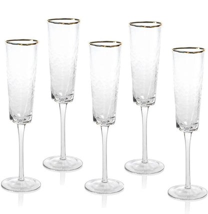 A CIVILIZED MAN Amalfi Hammered Triangular Glassware or Stemware with Gold Rims - Elegant Crystal Cocktail Glassware for Parties, Gifts & Home Bar - Sets of 4 (Champagne - S/4)