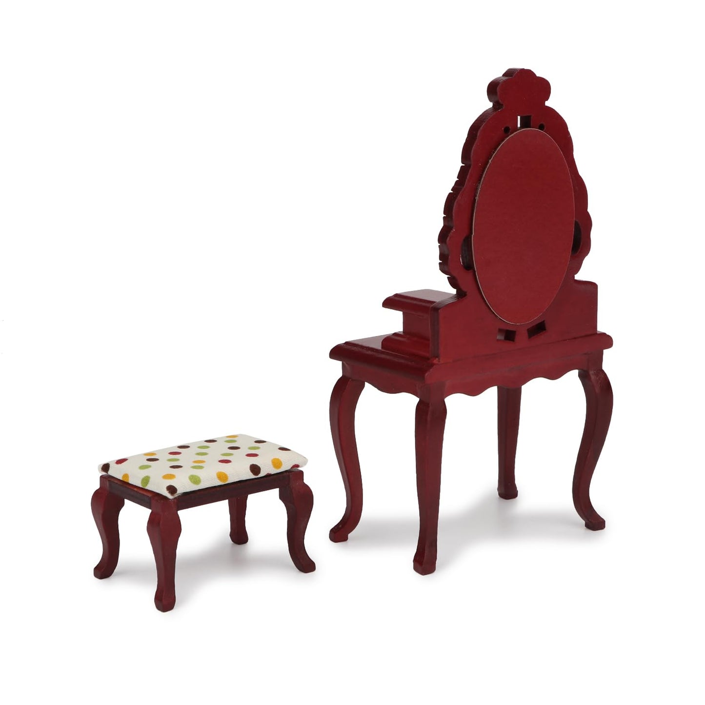 Dollhouse Makeup Vanity with Mirror & Stool 1/12 Miniature Makeup Furniture Set, Wooden Dressing Table Bedroom Dresser Table Doll House Toilet Table Accessorie (Red)