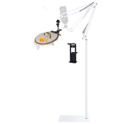 Adjustable Embroidery Hoops Stand for Hand Work,Cross Stitch Frame with 360° Rotation, Hands-Free Stitching,3-in-1 Hoop/Tablet/Phone Holder Floor Stand,White