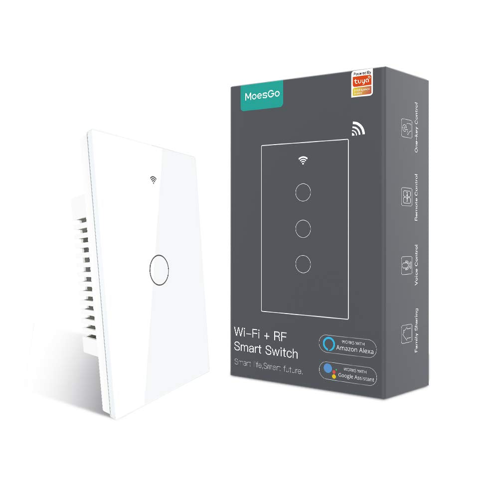 MoesGo WiFi Smart Wall Light Switch,Glass Panel, Multi-Control(3 Way), 2.4GHz Wi-Fi Touch Switches, Neutral Wire Required, Remote Control Smart Life/Tuya App, Work with Alexa, Google Home White 1 Gang