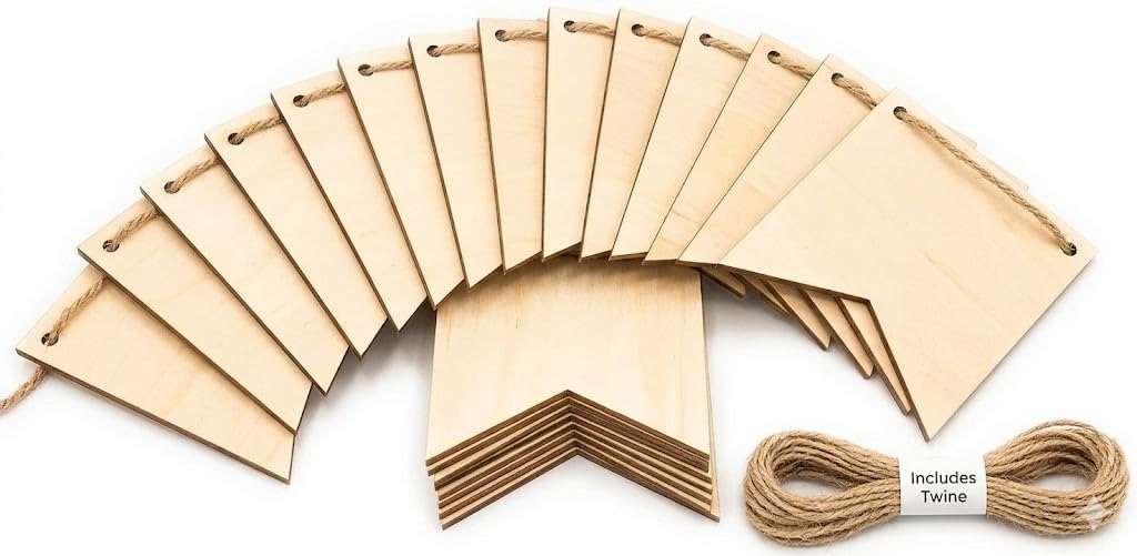 Oojami 50-Pack Unfinished Wood Banner Flags with Twine – Natural Wooden Pennant Ornaments for Crafts, Painting, Wood Burning, and Laser Engraving – Custom Blank Garland Kit for Party & Event Decor
