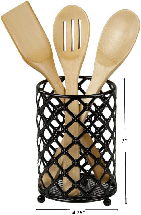 Home Basics Heavy Duty Steel Lattice Cutlery Holder, Utensil Organizer, Rust-resistant, Black, 5" x 5" x 7"