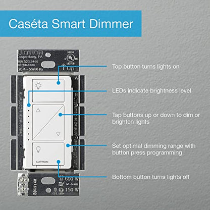 Lutron Caseta Original Smart Dimmer Switch With Wallplate (Lutron Smart Hub Required), for LED Lights, 150 Watt, Single-Pole/3-Way, No Neutral Required, PDW-6WCL-WH-A, White