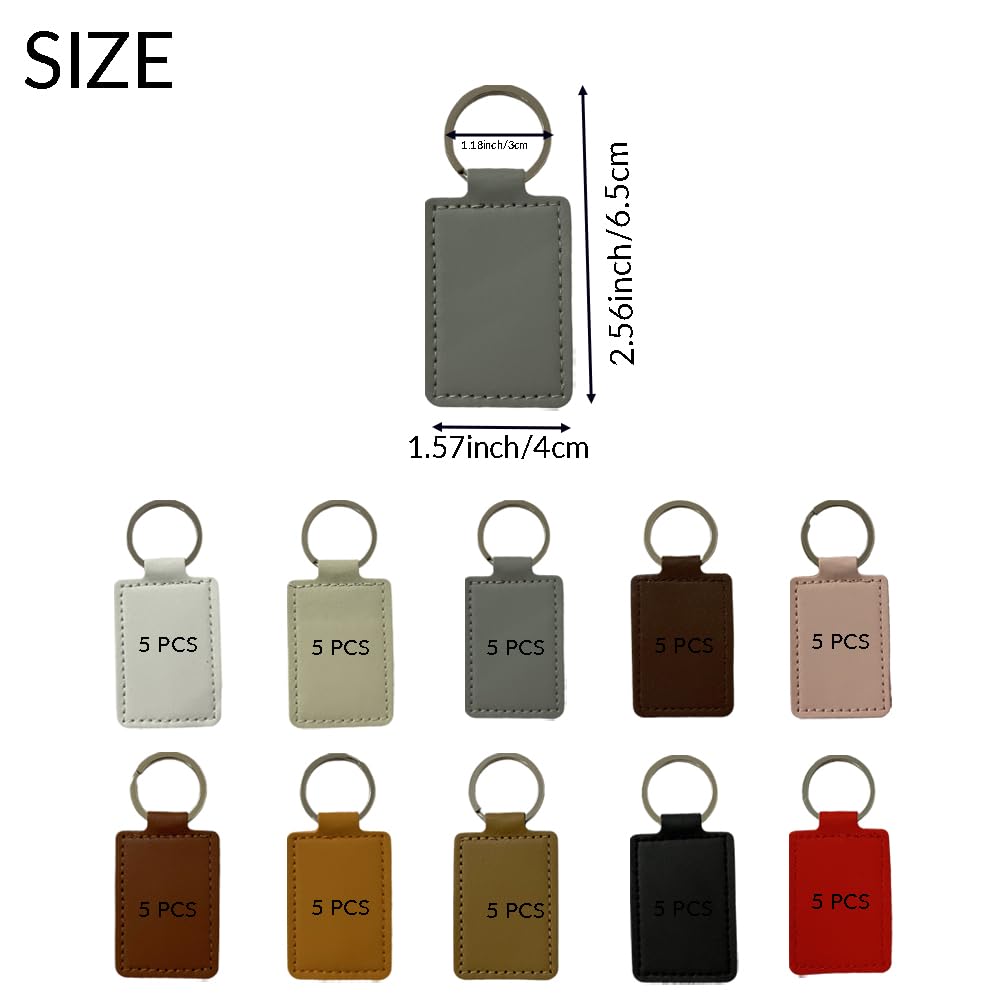 TQFXGLL 50 Pcs Blanks Leather Keychain, Laser Engraving Keychain for DIY Craft Gifts 10 Colors