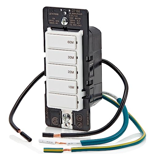 Leviton Countdown Timer Switch for bathroom fan and household lights, 5-10-15-30 min, No Neutral Required, Single Pole, 15A, 1/2 HP/9.8A Fan/Motor, DT130-1LW, White