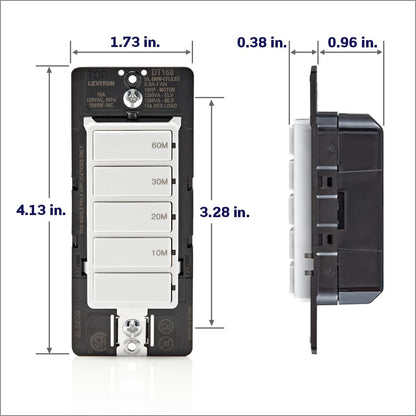 Leviton Countdown Timer Switch for bathroom fan and household lights, 5-10-15-30 min, No Neutral Required, Single Pole, 15A, 1/2 HP/9.8A Fan/Motor, DT130-1LW, White