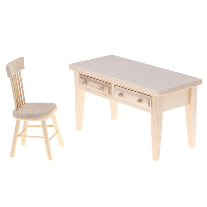 Haomian 1/12 Scale Miniature Wooden Dollhouse Furniture Set Desk and Chair Rustic Light Brown Dollhouse Furniture with Openable Drawers for Kids Role Play DIY Decor Photography Props