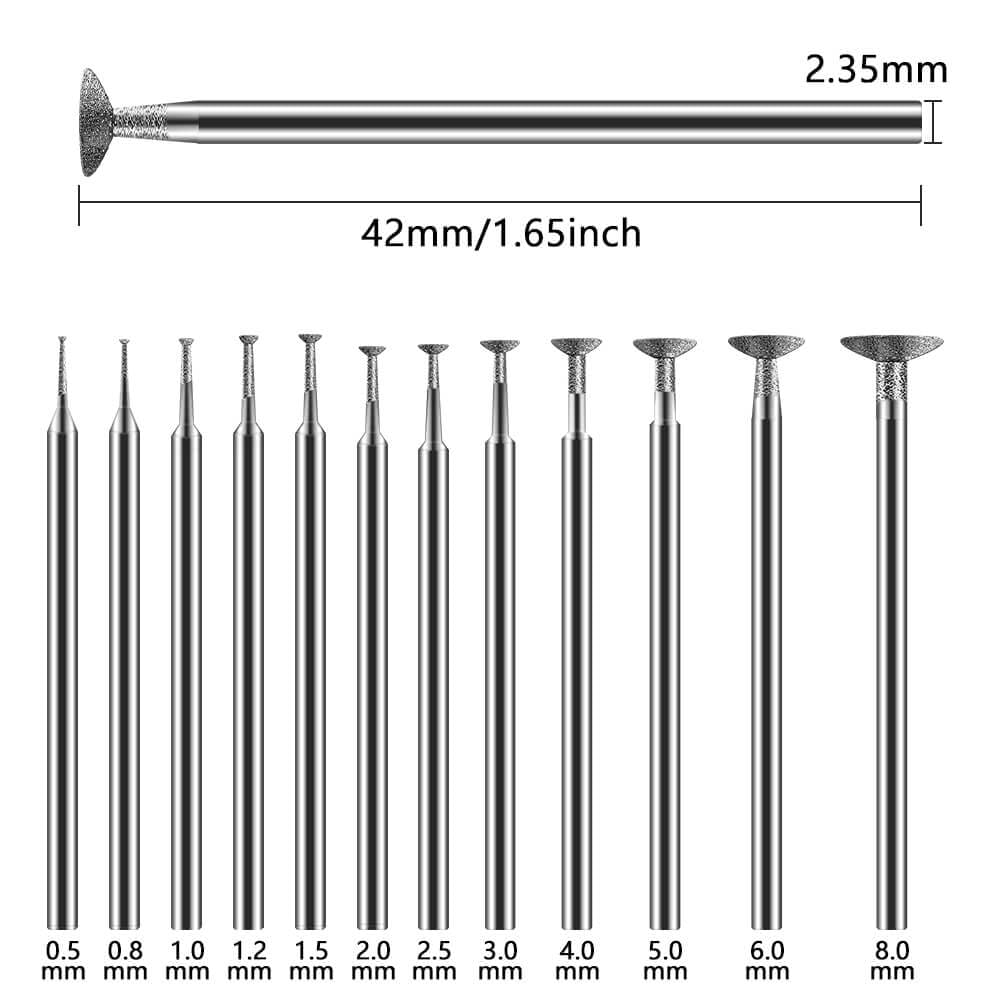 Hanboost 12Pcs Diamond Grinding Burr Kit, 2.35mm Shank S2 Rotary Tool Accessories with 0.5-10mm Inverted Trapezoidal Bits for Carving, Engraving, Grinding, Stone, Rocks, Jewelry, Glass, Ceramics