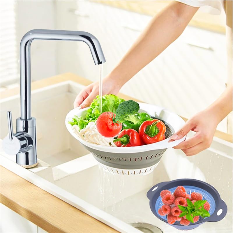 Collapsible Colander Set, Square Round Triangles Silicone Kitchen Strainer Perfect for Draining Pasta Vegetable fruit 2 PCS (10.8"L x 8.6"W x 2"H, Red & Green)