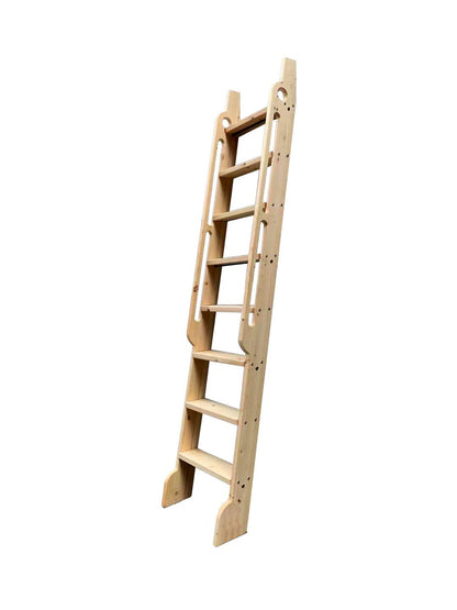 DIYHD 87" Solid Knotty Pine Wood Sliding Library Ladder, Unfinished Rolling Ladder with Extended Handrails & Widened Base, Pre-Cut Top for Sliding Hardware, Indoor Loft & Bookshelf Access