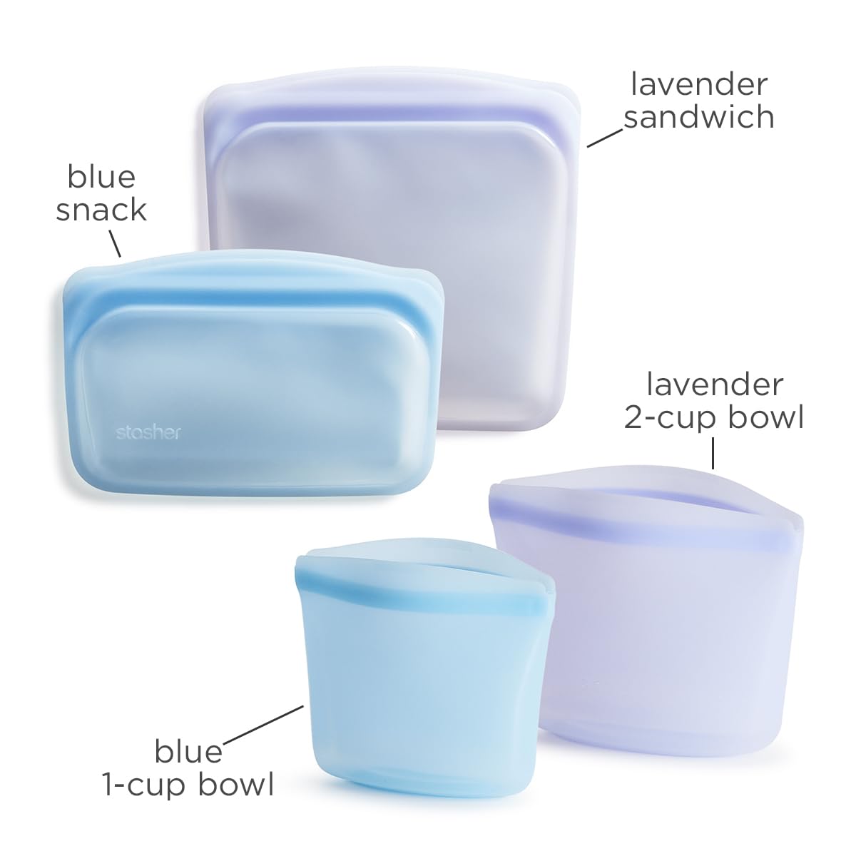 Stasher Premium Silicone Reusable Food Storage Bags, 4-Pack, Multi, Multi-Use Food Storage Bags, Lunch Bag, Travel Containers, BPA Free, Leak-free, Dishwasher-Safe, Eco-friendly