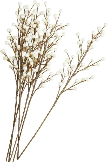 Pack 6 of Artificial Cream Winter White Weatherproof Berry Stem Branches - Waterproof Berries for Indoor and Outdoor