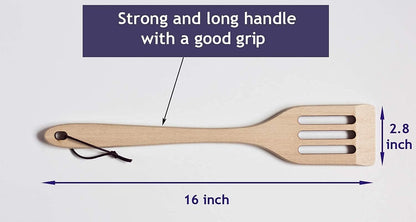 Long Handle Slotted Wooden Spoon 16 Inch - Heavy Duty Large Spatula & Stir Paddle, 100% Natural Hardwood