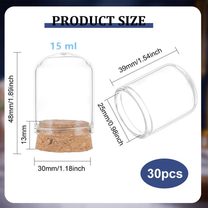 BENECREAT 30 Pack 15ml Glass Jars Bottles, Glass Display Cloche Dome Decoration Bottles 1.5x1.1" with Cork Stoppers for Party Favors, Arts Projects, Home Decoration