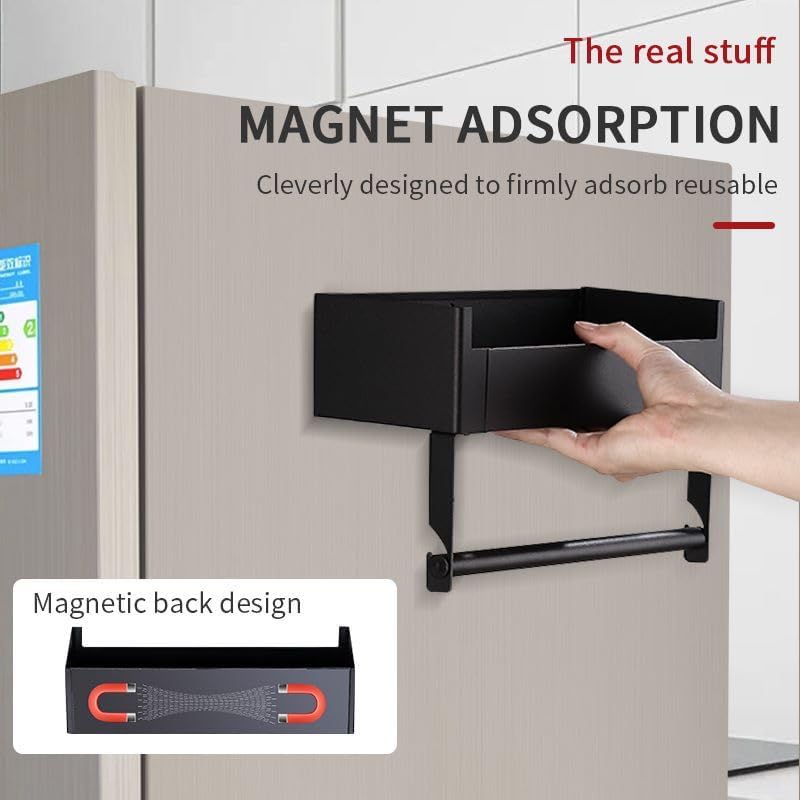 Magnetic Spice Rack Organizer for Refrigerator, with Paper Towel Holder Shelf for Small Kitchen Storage (Black)