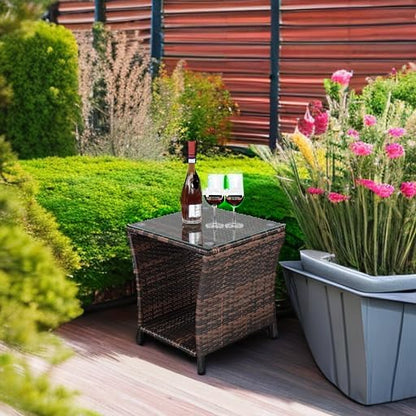 Rpuzonier Wicker Rattan Side Table, Outdoor Square Rattan Coffee End Table with Tempered Glass Top and Storage
