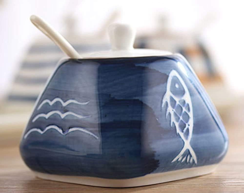 Cute Hand-painted Sugar Bowl, Ceramic Condiment Pot for Kitchen Decor, Fish Pattern, 300ml
