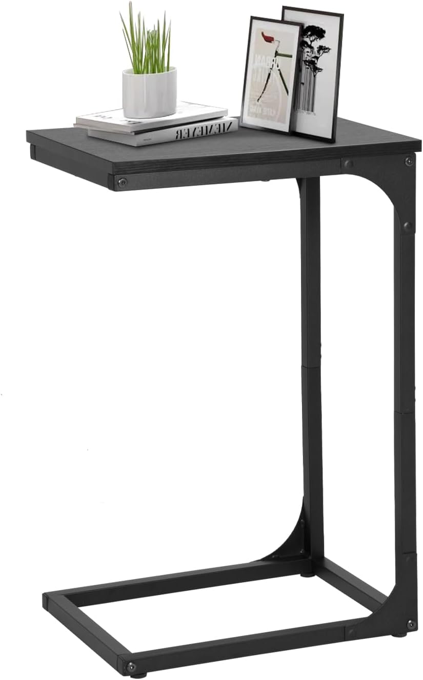 FDW C-Shaped End Table Wooden Top Side Table Adjustable Feet Small Cough Table Bedside End Table with Metal Frame