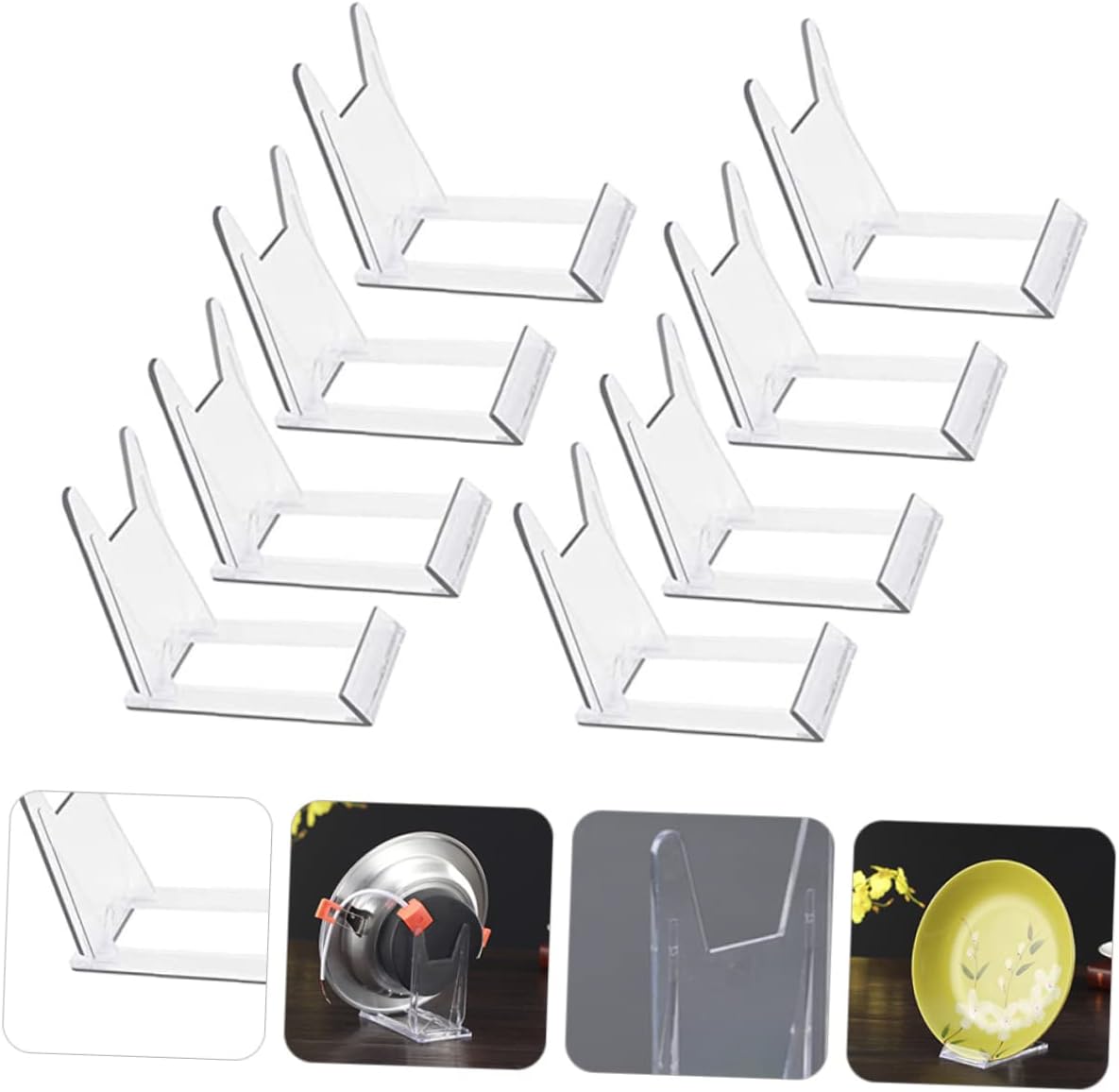 BESTOYARD 8pcs Transparent Bowl Display Easel Rack, Metal Bracket Photo Holder, Decorative Plate Stand, Storage Table