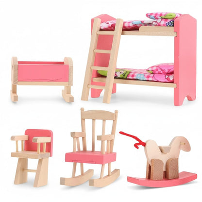 JOINPAYA Wooden Dollhouse Bedroom Furniture: Doll Bunk Bed Rocking Horse Chair, DIY 1:12 Scale Miniature Doll House Decoration Accessories for Ages 3+ Role-Playing