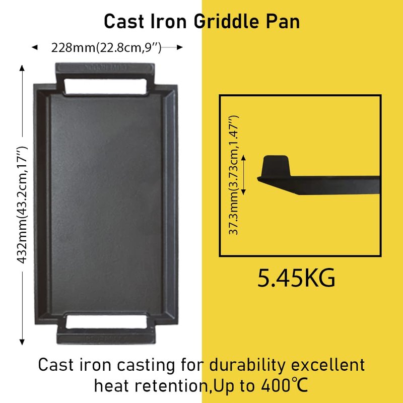 COVERCOOK Griddle Pan, Cast Iron Grill Hot Plate, Rectangular Grill with Flat Surface for Electric Stove Top and Induction Cooktop,16.7 x 9.1in