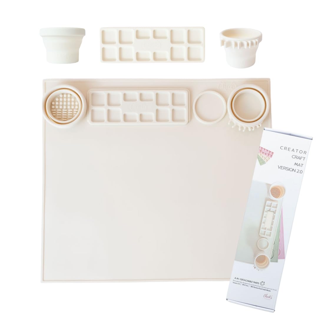 Silicone Craft Mat for Kids Painting – Creator Craft Mat V2.0 with Built-in Collapsible Brush Cleaning Cup | Nonstick Art Mat for Crafts, Resin, Clay & Playdough | Cheek's Paper Room 15" x 17"-Oatmilk