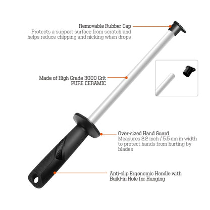 SHARPAL 118N Professional Ceramic Sharpening Fine Honing Rod Steel Kitchen Knife Sharpener Stick, With Anti-Breaking Cap