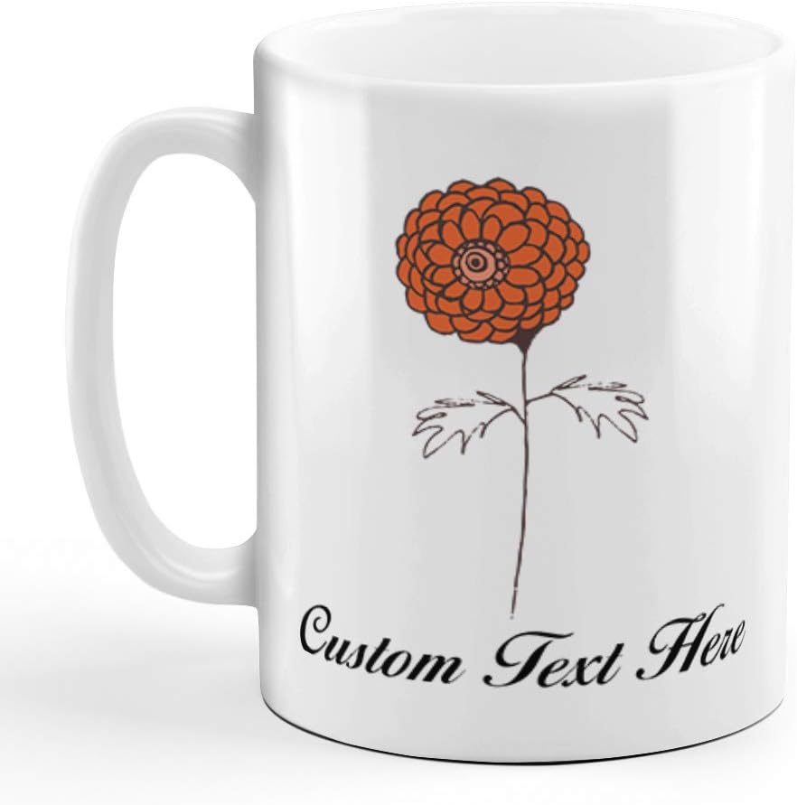 Custom Ceramic Coffee Mug 11 Ounces, Marigold Silhouette Dark Orange Nature Flowers & Plants, Personalized Text Here