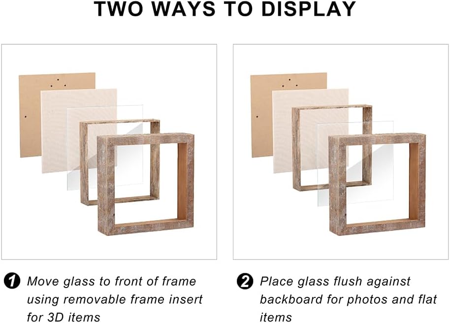 Rustic Shadow Box Picture Frame 8x8 Natural Wood Display Case for Photos, Memorabilia, Awards, and Medals - Barnwood