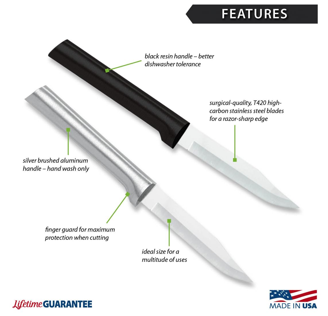 Rada Cutlery Regular Paring Knife (R101), 3.25" Stainless Steel Blade, Silver Handle, Pack of 2
