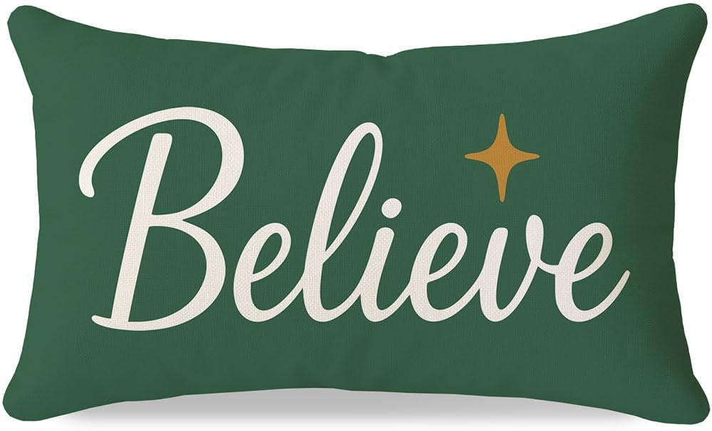 12x20 Inch, Christmas Throw Pillow Cover Forest Green Believe Christmas Decor, Outdoor Xmas Winter Holiday Lumbar